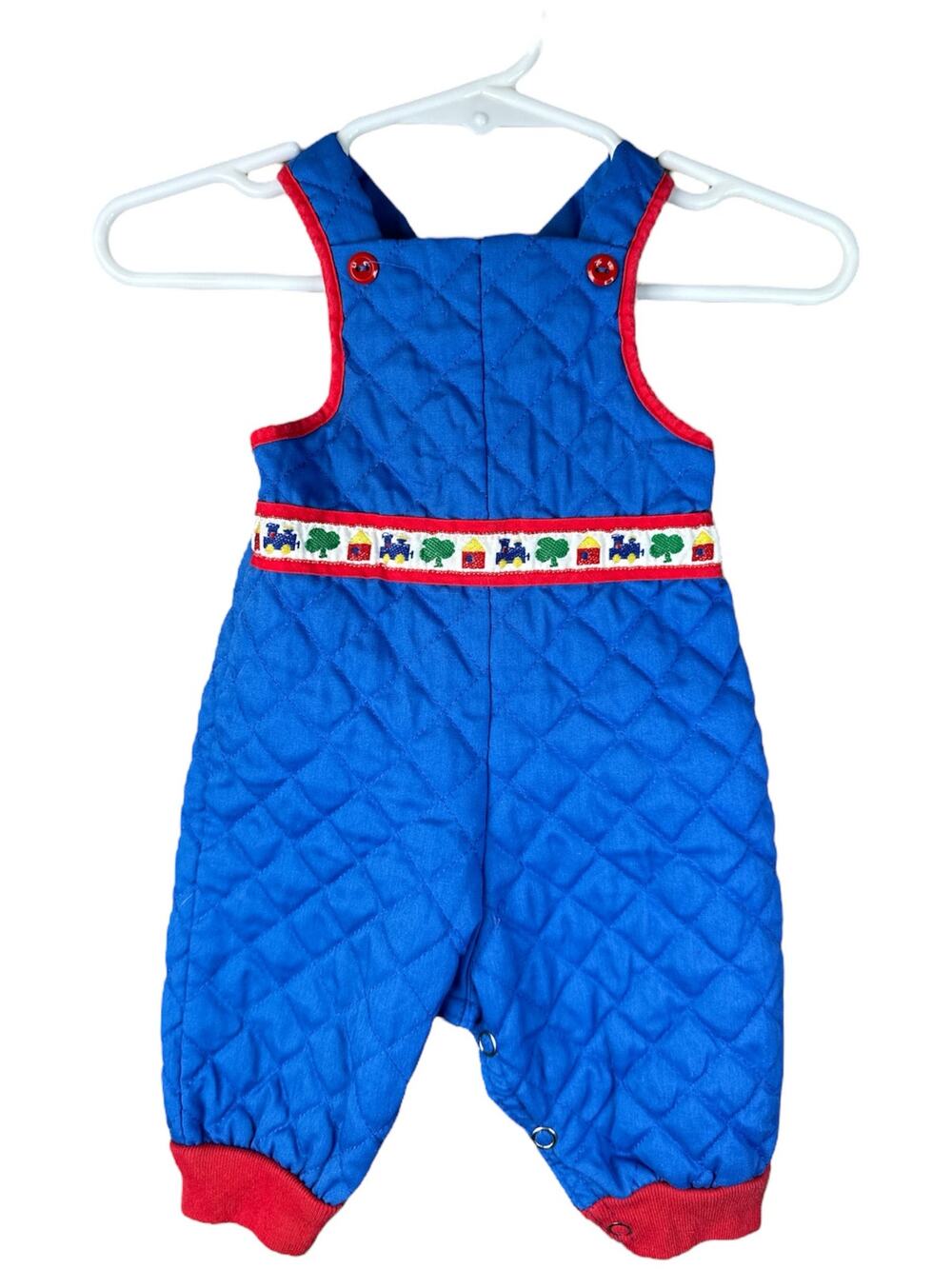 Boy’s Vintage Blue Red Quilted Overall Bibs Button Train Pants Size 0-6 Months